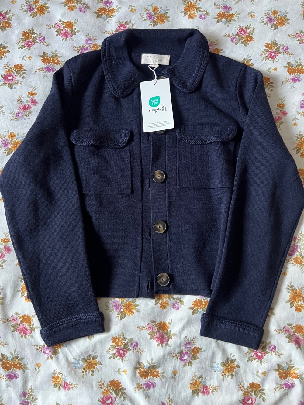 Sezane navy crochet Betty cardigan 100% merino wool - Picture 2 of 9
